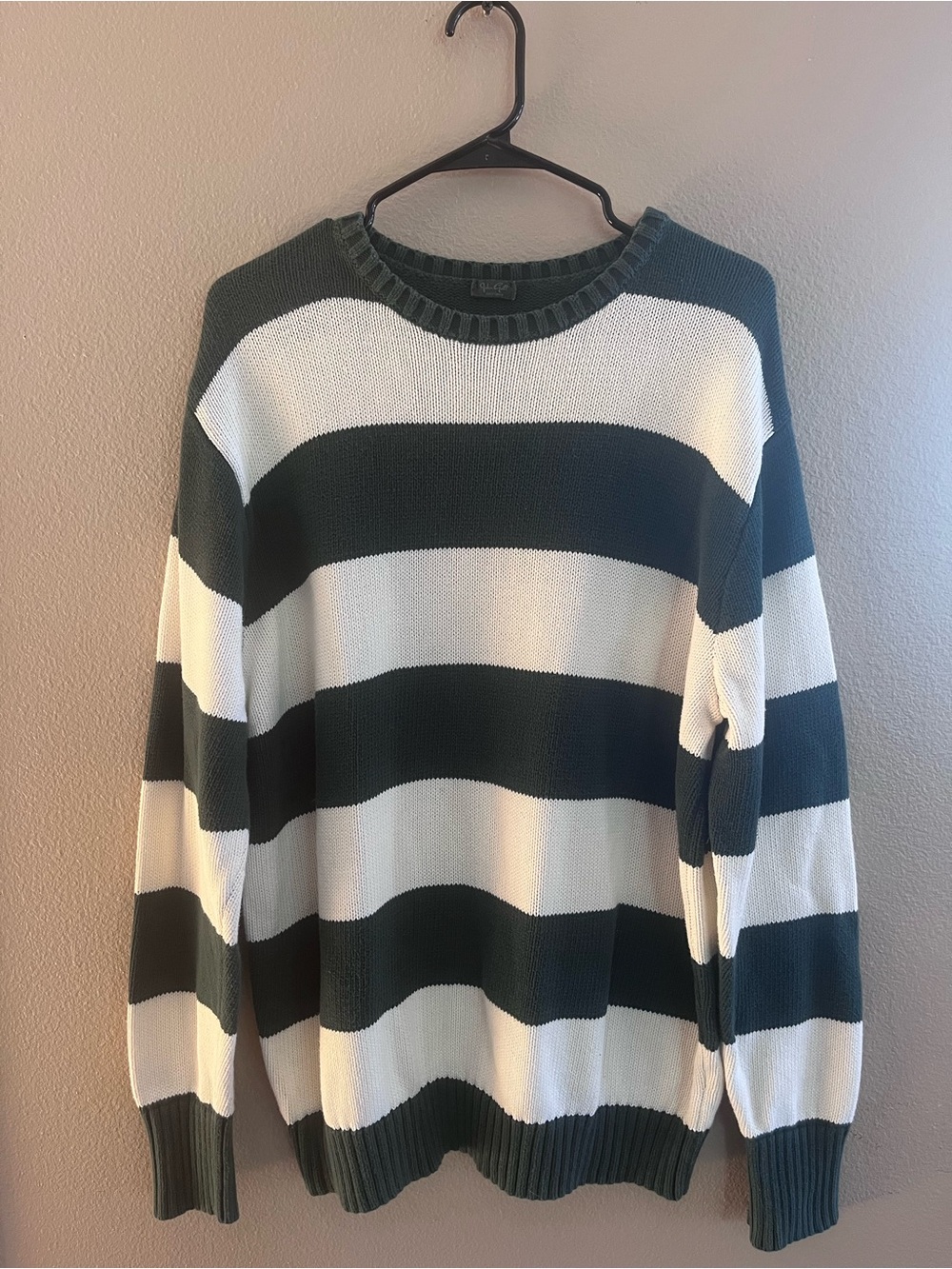 John Galt Forest Green & White Striped Crewneck Sweater